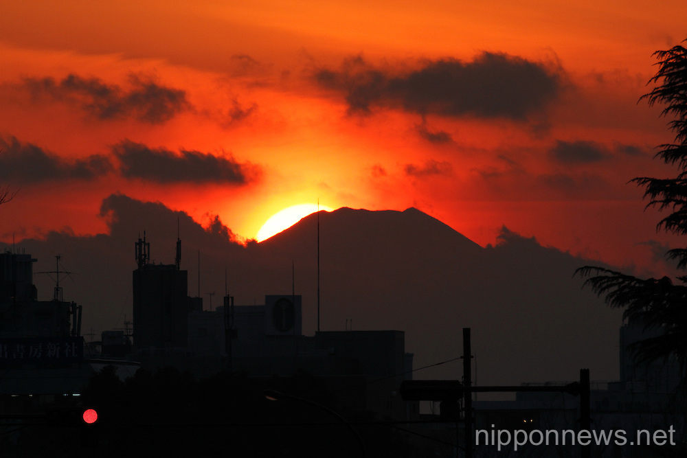 The sun set behind Mt Fuji as seen from Tokyo