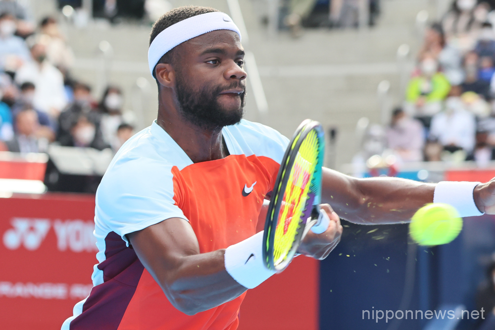 October 8, 2022, Tokyo, Japan - Francis Tiafoe of the United States returns the ball against Kwon Soonwoo of South Korea at the semi final of the Japan Open tennis tournament at the Ariake Coliseum in Tokyo on Saturday, October 8, 2022. Tiafoe defeated Kwon 6-2, 0-6, 6-4. (Photo by Yoshio Tsunoda/AFLO)