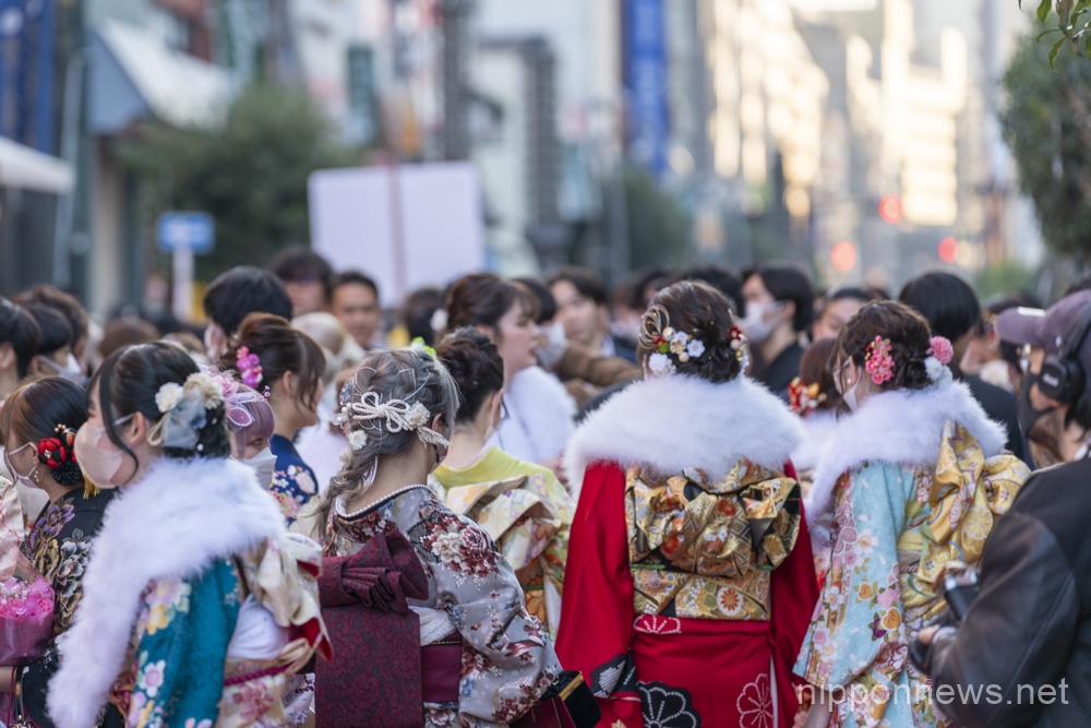 Girls in furisode kimono, January 9, 2023 - Coming of Age Day in Tokyo, Japan. "Seijin no Hi" (Coming of Age Day) is held annually on the second Monday of January to congratulate all those who have reached or will reach the age of maturity. (Photo by Keiichi Miyashita/AFLO)