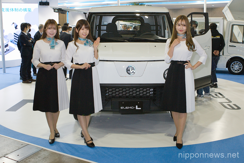 Models pose with a vehicle at the Tokyo Auto Salon 2023 at Mahuhari Messe on January 13, 2023 in Chiba, Japan. The event will be held from January 13th - 15th. (Photo by Michael Steinebach/AFLO)