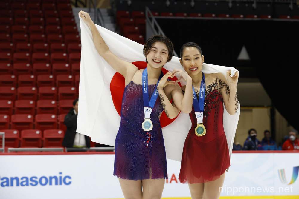 Winner Mai Mihara of Japan (R) poses with, second place Kaori Sakamoto of Japan (L) during Lake Placid 2023 FISU World University Games Winter, Figure Skating Women's Medal Ceremony at Olympic Center in Lake Placid, New York, United States on January 15, 2023. (Photo by AFLO SPORT)
