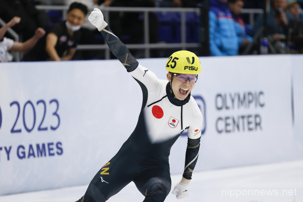 Shogo Miyata of Japan celebrates winning the Lake Placid 2023 FISU World University Games Winter, Short Track Speed Skating Men's 500m Final at Olympic Center in Lake Placid, New York, United States on January 20, 2023. (Photo by AFLO SPORT)