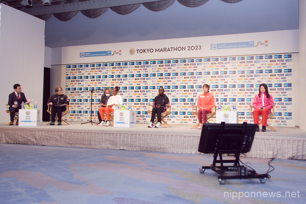 (L-R) Ashete Bekere, Rosemary Wanjiru, Mao Ichiyama, Mizuki Matsuda, March 3, 2023 - Marathon: Tokyo Marathon 2023 Press Conference in Tokyo, Japan. (Photo by Michael Steinebach/AFLO)