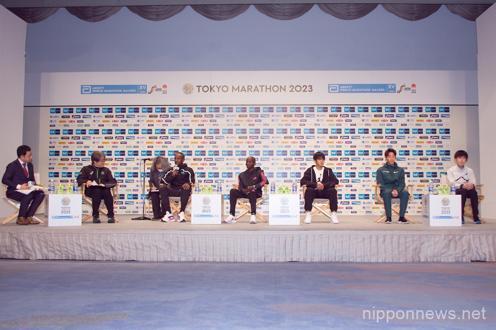 (L-R) Sisay Lemma, Bernard Koech, Suguru Osako, Hidekazu Hijikata, Kyohei Hosoya, March 3, 2023 - Marathon: Tokyo Marathon 2023 Press Conference in Tokyo, Japan. (Photo by Michael Steinebach/AFLO)