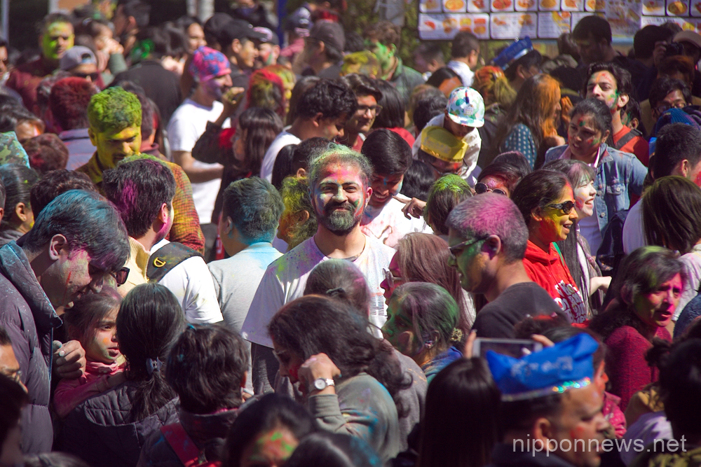 March 4, 2023 - The 5th Holi Mela in Tokyo, Japan. Holi is one of the important festivals on the Hindu calendar. It is known as a Festival of Colors. Celebrants welcome the beginning of spring with smearing different colors on the body. Each color represents a meaning: red symbolizes love and fertility; yellow is the color of turmeric, considered as the most powerful natural remedy and represents auspiciousness; blue represents the Hindu God Krishna, and green is for new beginnings. (Photo by Michael Steinebach/AFLO)