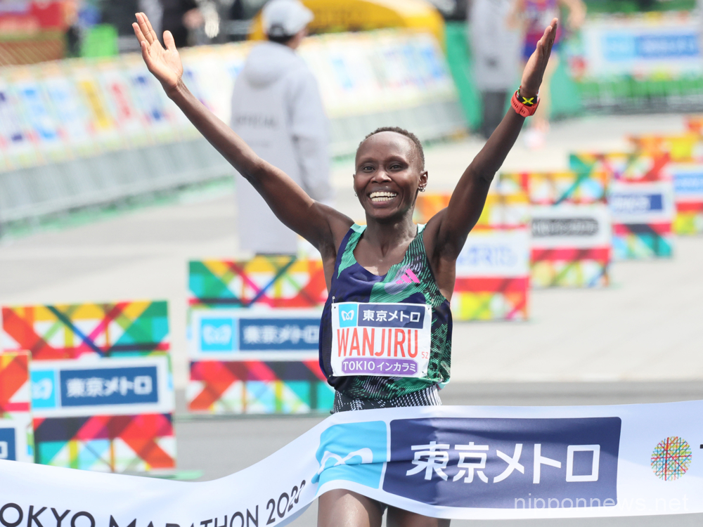 March 5, 2023, Tokyo, Japan - Kenya's Rosemary Wanjiru crosses the finish line of the Tokyo Marathon in Tokyo on Sunday, March 5, 2023. Wanjiru won the women's race with a time of 2 hours 16 minutes 28 seconds while Ethiopia's Deso Gelmisa won the race. (Photo by Yoshio Tsunoda/AFLO)
