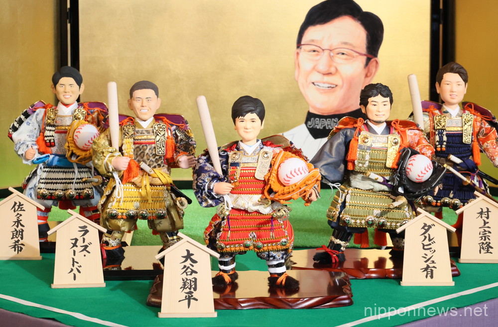 Doll maker, Kyugetsu, displays samurai dolls of Japanese baseball players for the World Baseball Classic