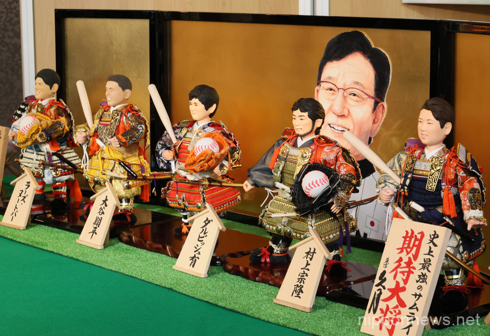 March 9, 2023, Tokyo, Japan - Japanese doll maker Kyugetsu displays samurai dolls of young baseball players (L-R) Roki Sasaki of Chiba Lotte Marines pitcher, Lars Nootbaar of St. Louis Cardinals outfielder, Shohei Ohtani of Los Angeles Angels pitcher, Yu Darvish of San Diego Padres pitcher and Munetaka Murakami of Tokyo Yakult Swallows infielder at the company's showroom in Tokyo on Thursday, March 9, 2023. Japan's national baseball team members including 5 players will play at the 2023 World Baseball Classic championship from March 9. (photo by Yoshio Tsunoda/AFLO)