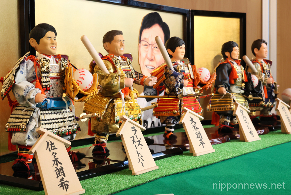 March 9, 2023, Tokyo, Japan - Japanese doll maker Kyugetsu displays samurai dolls of young baseball players (L-R) Roki Sasaki of Chiba Lotte Marines pitcher, Lars Nootbaar of St. Louis Cardinals outfielder, Shohei Ohtani of Los Angeles Angels pitcher, Yu Darvish of San Diego Padres pitcher and Munetaka Murakami of Tokyo Yakult Swallows infielder at the company's showroom in Tokyo on Thursday, March 9, 2023. Japan's national baseball team members including 5 players will play at the 2023 World Baseball Classic championship from March 9. (photo by Yoshio Tsunoda/AFLO)
