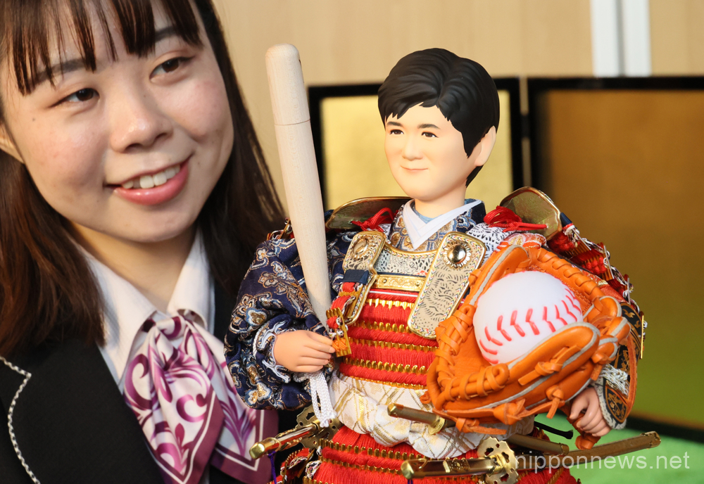 March 9, 2023, Tokyo, Japan - Japanese doll maker Kyugetsu displays a samurai doll of Japanese baseball player Shohei Ohtani of Los Angeles Angels pitcher at the company's showroom in Tokyo on Thursday, March 9, 2023. Japan's national baseball team members including Ohtani will play at the 2023 World Baseball Classic championship from March 9. (photo by Yoshio Tsunoda/AFLO)