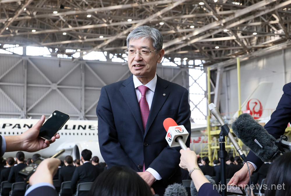 April 3, 2023, Tokyo, Japan - Japan Airlines (JAL) president Yuji Akasaka speaks to reporters after JAL's entrance ceremony at a JAL hangar of Haneda Airport in Tokyo on Monday, April 3, 2023. JAL group hired 2,000 new employees this year. (photo by Yoshio Tsunoda/AFLO)