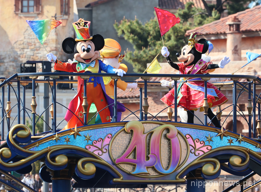 April 10, 2023, Urayasu, Japan - Disney characters Mickey and Minnie Mouse greet guests from a boat during a press preview of the new harbor greeting "Let's Celebrate with Color" to celebrate the 40th anniversary of the Tokyo Disney Resort at the Tokyo DisneySea in Urayasu, Chiba on Monday, April 10, 2023. The new parade and some new attractions to celebrate Disney theme park's 40th anniversary will start from April 15. (photo by Yoshio Tsunoda/AFLO)