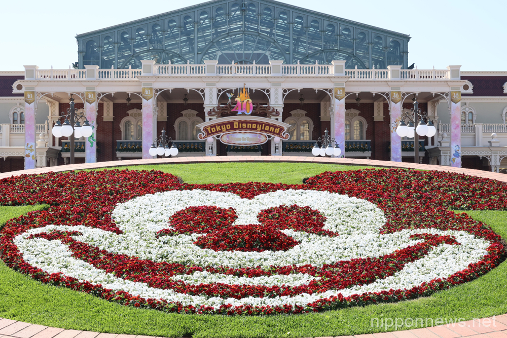 April 10, 2023, Urayasu, Japan - A large flower bed to illustrate Disney character Mickey Mouse is displayed at the entrance of Tokyo Disneyland to celebrate the 40th anniversary of Tokyo Disney Resort in Urayasu, Chiba on Monday, April 10, 2023. The new parade and some new attractions to celebrate Disney theme park's 40th anniversary will start from April 15. (photo by Yoshio Tsunoda/AFLO)