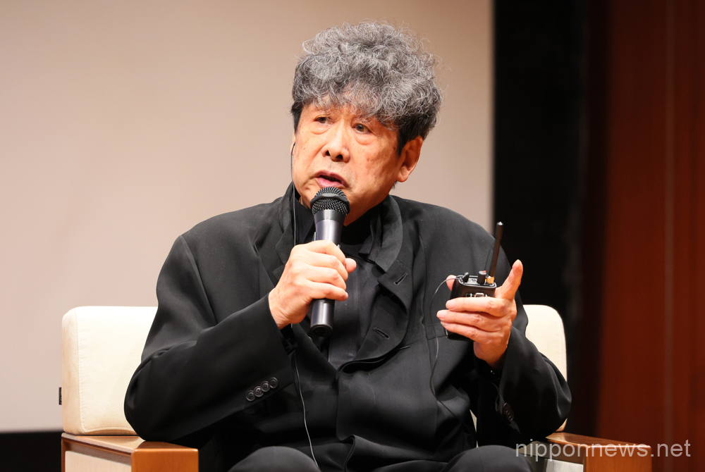 April 20, 2023, Tokyo, Japan - Japanese illustrator and artist Tadanori Yokoo speaks at a press conference at the Tokyo National Museum for his one-man exhibition "100 Takes on Hanshan and Shide" in Tokyo on Thursday, April 20, 2023. He will exhibit 101 pictures featuring Hanshan and Shide from September 12 through December 3. (photo by Yoshio Tsunoda/AFLO)