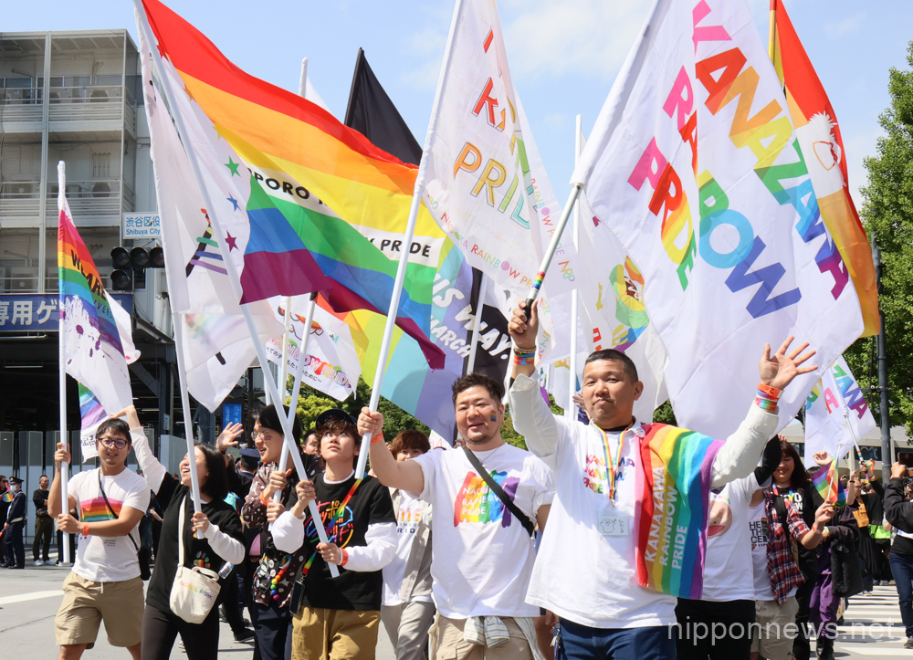 April 23, 2023, Tokyo, Japan - People from the lesbian, gay, bisexual and transgender (LGBT) community march for the "Tokyo Rainbow Pride" parade in Tokyo on Sunday, April 23, 2023. Some 240,000 people took part in a two-day event to support sexual minority. (photo by Yoshio Tsunoda/AFLO)