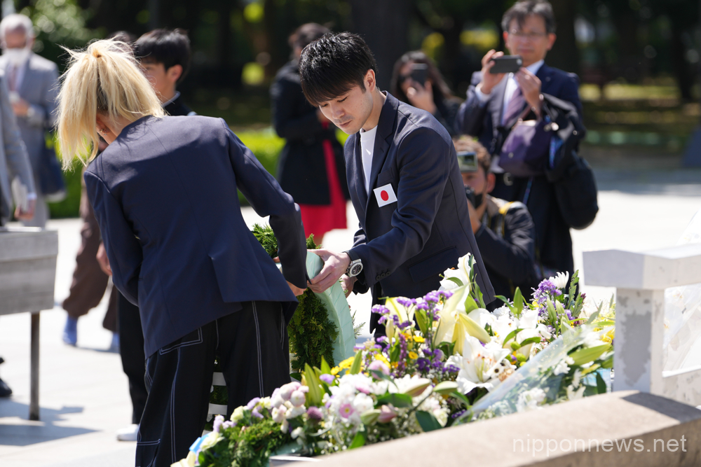 (L-R) Nastia Liukin, Kohei Uchimura, Members of "G-7 Gymnastics Hiroshima" visit Hiroshima Peace Memorial Museum and laying a wreath at the Cenotaph of Atomic Bomb Victims in Hiroshima, Japan on April 28, 2023. International Gymnastics Federation (FIG) President Morinari Watanabe has invited gymnasts from each of the G7 countries to visit Japan ahead of this year's G7 Summit. (Photo by AFLO SPORT)
