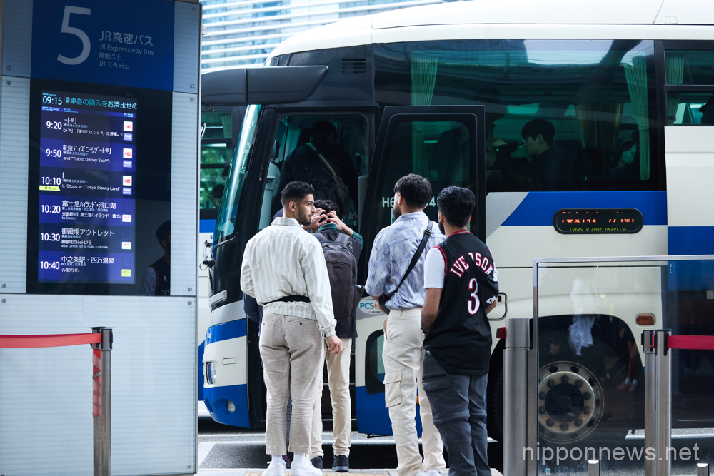 Foreign tourists ride on a bus on the departure platforms at Tokyo Yaesu bus terminal, Tokyo in Japan on May 1, 2023. (Yohei Osada/AFLO)