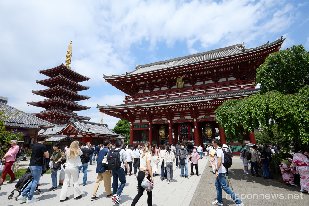Foreign tourists visit at the Sensoji temple in Asakusa entertainment district, Tokyo in Japan on May 1, 2023. (Yohei Osada/AFLO)