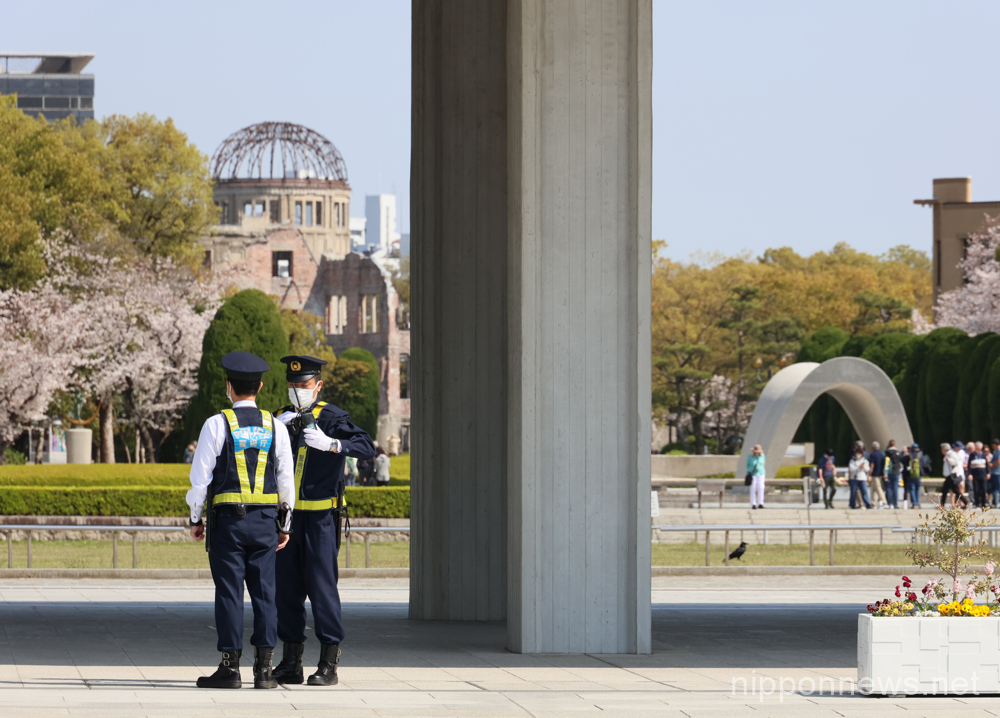 March 29, 2023, Hiroshima, Japan - Police officers patrol at the Peace Memorial Park in Hiroshima, western Japan on Wednesday, March 29, 2023. Group of Seven economic country leaders will gather at the G7 Hiroshima summit meeting this month. (photo by Yoshio Tsunoda/AFLO)