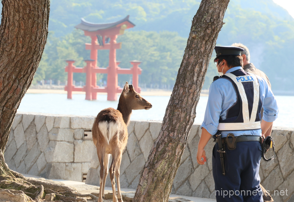 May 15, 2023, Hatsukaichi, Japan - A police officer patrols around the World's Heritage Itsukushima shrine for security of the upcoming G7 summit meeting at the Miyajima island in Hatsukaichi city in Hiroshima prefecture, western Japan on Monday, May 15, 2023. G7 leaders will gather for the annual summit meeting in Hiroshima from 19 through 21. (photo by Yoshio Tsunoda/AFLO)