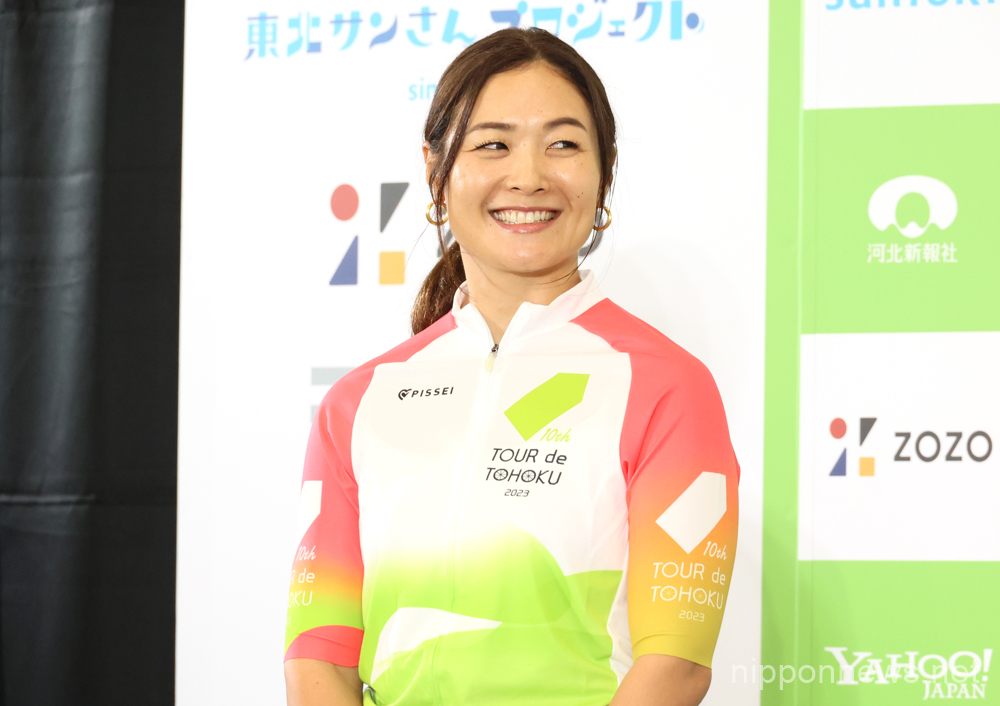 May 23, 2023, Tokyo, Japan - A Tour de Tohoku ambassador, Japanese Paralympian Mami Tani attends a promotional event of the Tour de Tohoku cycling event In Tokyo on Tuesday, May 23, 2023. The tenth Tour de Tohoku will be held in Miyagi prefecture, northern Japan on September 16 and 17. (photo by Yoshio Tsunoda/AFLO)