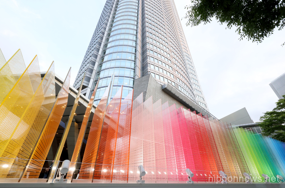 May 25, 2023, Tokyo, Japan - 100 color panels designed by French architect and artist Emmanuelle Moureaux are displayed at the Roppongi Hills for the installation "100 colors No.43" at a preview of the Roppongi Art Night 2023 in Tokyo on Thursday, May 25, 2023. An annual art event Roppongi Art Night will be held on May 27 and 28. (photo by Yoshio Tsunoda/AFLO)