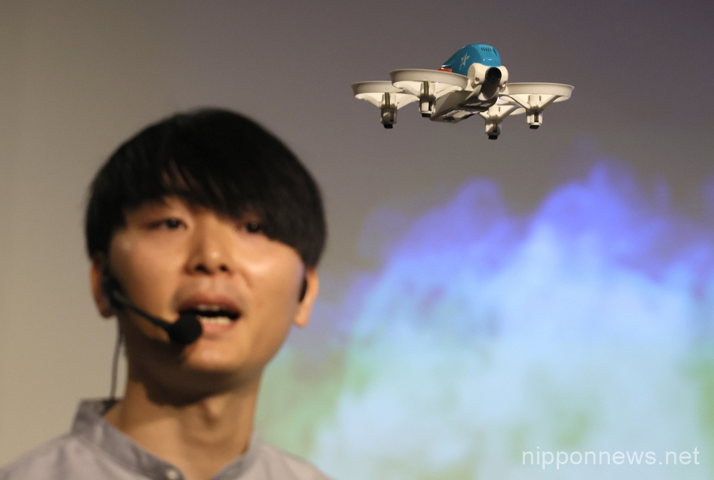 June 6, 2023, Tokyo, Japan - Japanese IT company Orso displays the new toy drone "Drone Star Party" at a promotional event in Tokyo on Tuesday, June 6, 2023. The new toy drone, weighing only 50 g, with a detachable Li-ion battery will go on sale from June 6. (photo by Yoshio Tsunoda/AFLO)