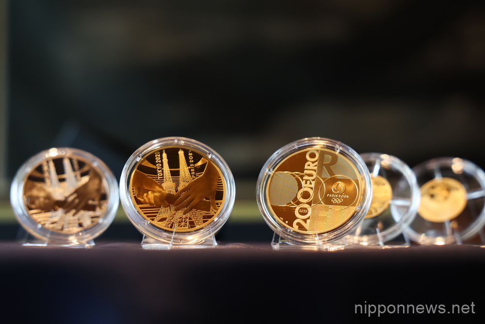 General view, JUNE 14, 2023 : The Official commemorative coins for the upcoming 2024 Paris Olympic and Paralympic Games is displayed during an unveiling ceremony at the Embassy of France in Tokyo, Japan on June 14, 2023. (Photo by Yohei Osada/AFLO SPORT)