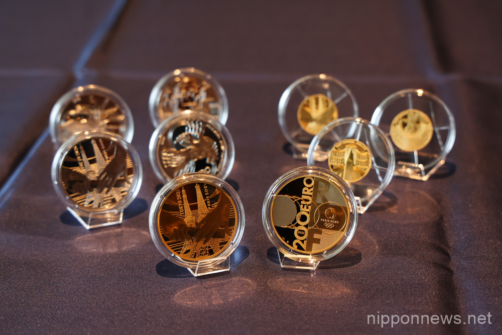 General view, JUNE 14, 2023 : The Official commemorative coins for the upcoming 2024 Paris Olympic and Paralympic Games is displayed during an unveiling ceremony at the Embassy of France in Tokyo, Japan on June 14, 2023. (Photo by Yohei Osada/AFLO SPORT)